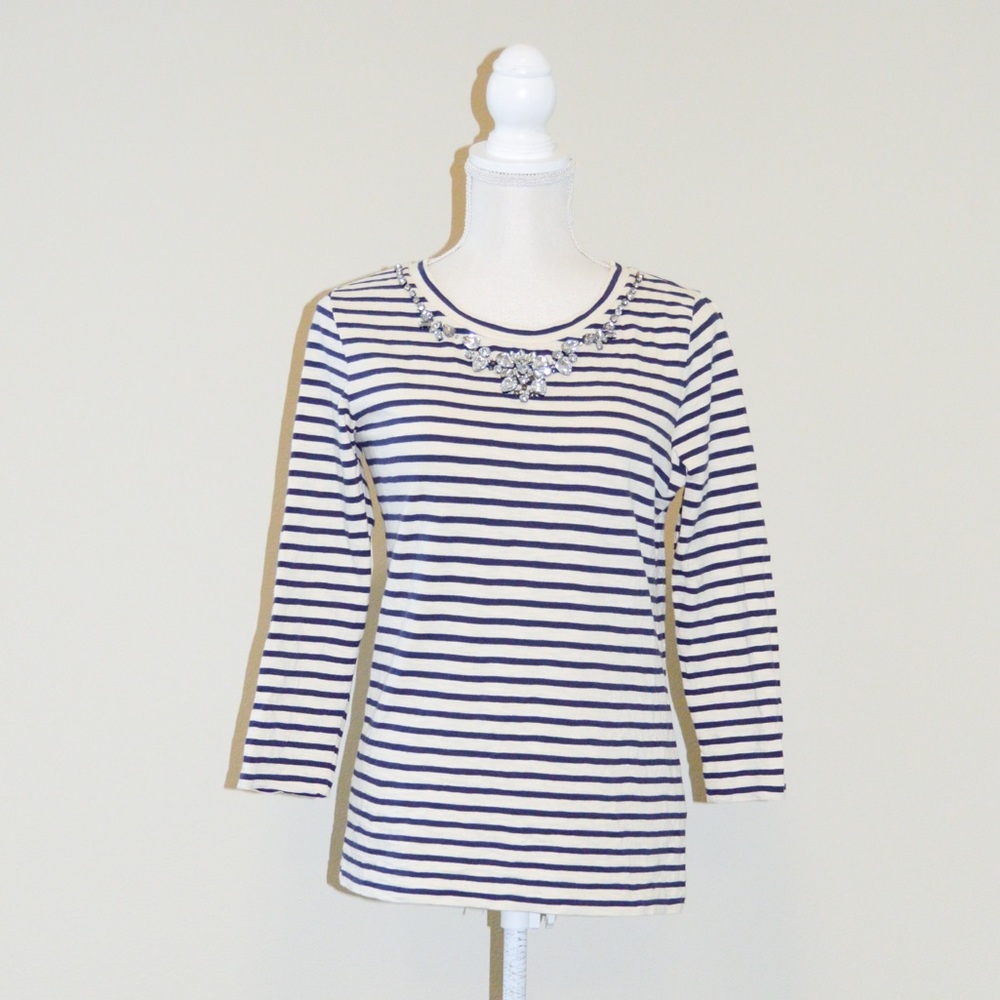 J. Crew Striped Rhinestone Neck Blouse